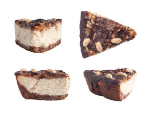 Set of top, side views of chocolate cheesecake with nuts isolated on white background