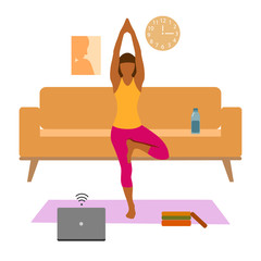 Female cartoon character practicing Hatha yoga. Woman doing workout indoor. Sport exercise at home. Yoga and fitness, healthy lifestyle. Flat vector illustration. Yogi woman in Vrikshasana or Tree pos