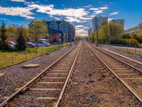 perspective of railway tracks in the city