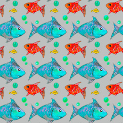 Seamless watercolor pattern on the theme of the sea, consisting of colorful fish on a gray background