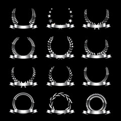 Silver laurel wreath ribbon isolated set on black background. Wheat ears and stars decoration. Vector luxury award design.  © backup16