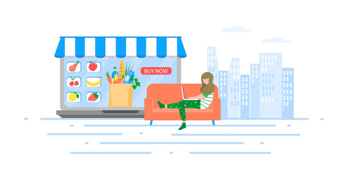 A young woman does poke from home in a mobile application. A female character sits on a couch and chooses products in a supermarket online. Grocery shopping online concept. Vector illustration.