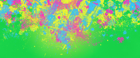 neon color paint splatter on bright green background, abstract image