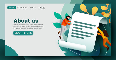 Small people flying around paper document. Agreement or contract. Terms and conditions.