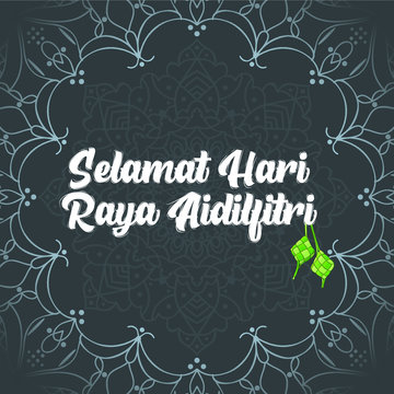 Word Selamat Hari Raya Aidilfitri in Malay, in English is Eid Mubarak with dark grey background with abstract background design and ketupat under the word. New Design vector ilustration.