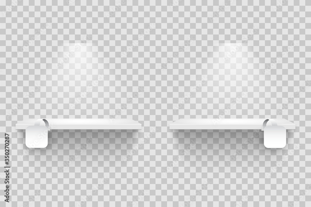Poster empty shelves with blank white square tags isolated on transparent backdrop. realistic mockup for su