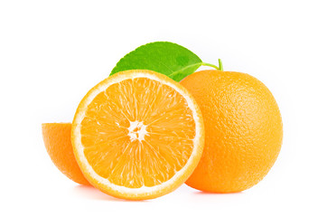 Orange.two oranges with leaf and half isolated on white background. fruit
