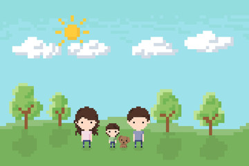 Obraz na płótnie Canvas Family, Dad, Mom and Son with a dog in the park Icon, Pixel 8 bit style