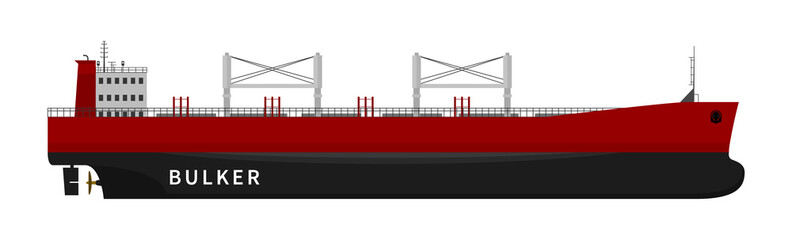 Flat vector illustration of nautical vessel floating in the ocean. Black red bulker ship isolated on white background. Dry cargo with goods, import export transport industry. Cheap delivery option.