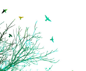 The silhouette of a tree with flying birds. Mixed media. Vector illustration