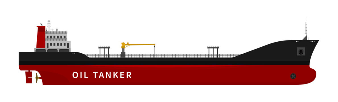 Black red oil tanker isolated on white background. Flat vector illustration of cargo ship with fuel and petroleum transport import export industry. Nautical vessel in the ocean.