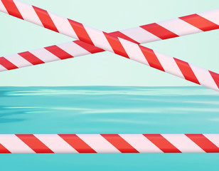 Obraz premium Closed beach with prohibition tapes. Blue surface of the sea. Delayed vacation background, tourism in decline, 3d render