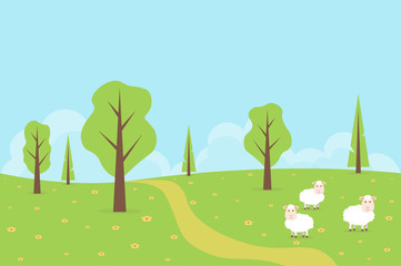 Lambs graze in the meadow. Spring or summer landscape with animals. Cute, children`s vector illustration in cartoon style.