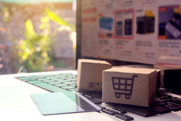 Online shopping - Paper cartons or parcel with a shopping cart logo and credit card on a laptop...