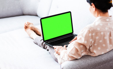 Middle-aged brunette woman on the gray sofa working on green screen laptop, soft focus, stay at...