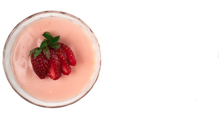 Strawberry pudding isolated on white background. Top view. Copy space for text message.