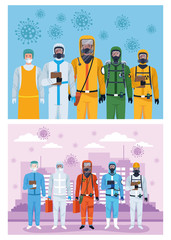 group of workers using protection virus suits and covid19 particles on the city