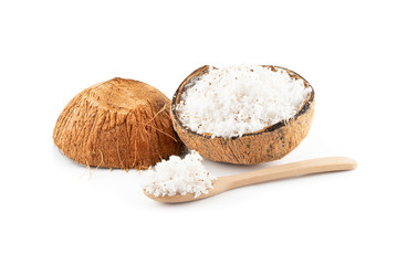 Coconut with half isolated on white background with clipping path.