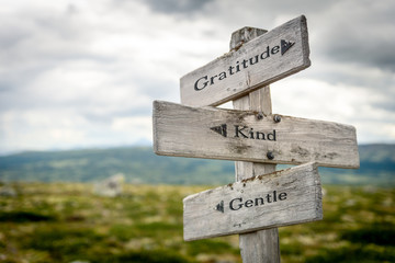 gratitude kind gentle text engraved on wooden signpost outdoors in nature.