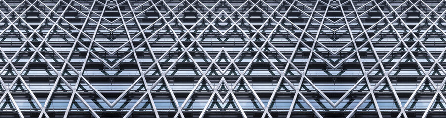 underside panoramic and perspective view to steel blue glass high rise building skyscrapers, business concept of successful industrial architecture