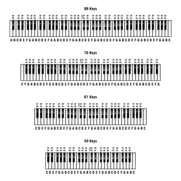 Piano keyboards in standard 88 key, 76 key, 61 key and 49 key layouts, with labels, isolated vector illustration