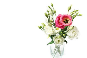 Texas bluebell, prairie gentian, tulip gentian, Pink and white eustoma gentle small  bouquet, white background, clear glass vase