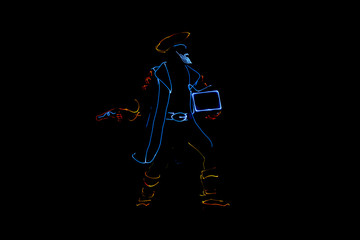 Fototapeta na wymiar Neon Glow dancers. Entertainment. Pirate with a chest and a gun.