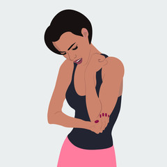 Fototapeta premium Girl sad face injured elbow feels pain makes massage