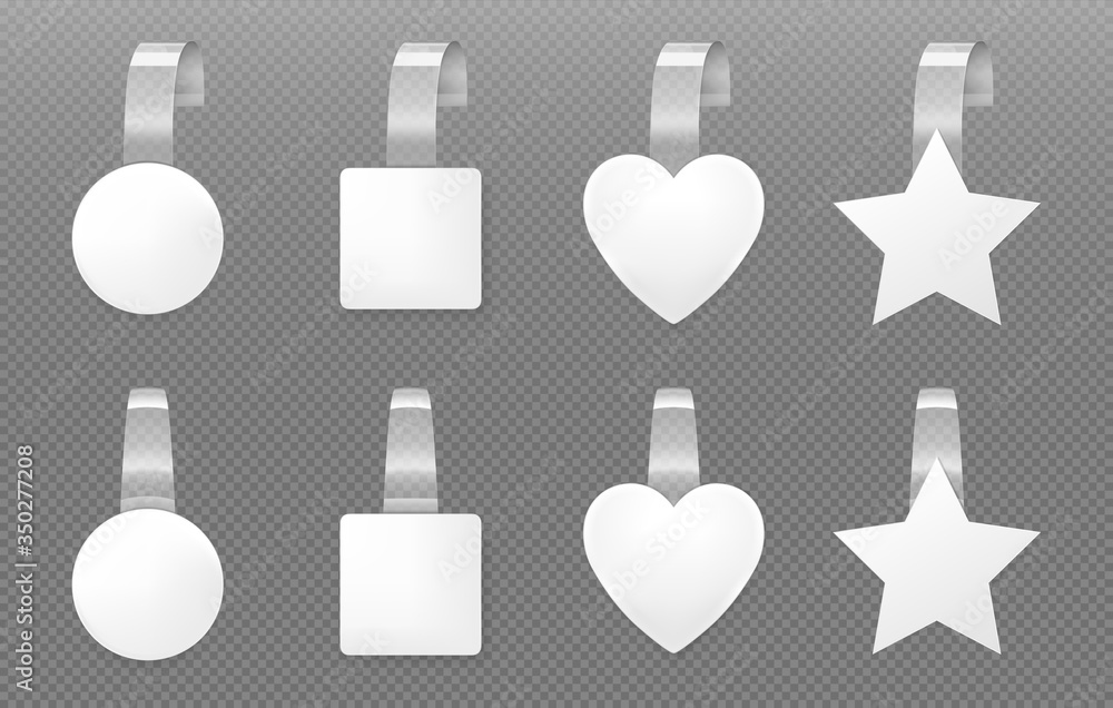 Poster white wobblers mockup. different shapes price tags front and angle view. vector realistic set of bla