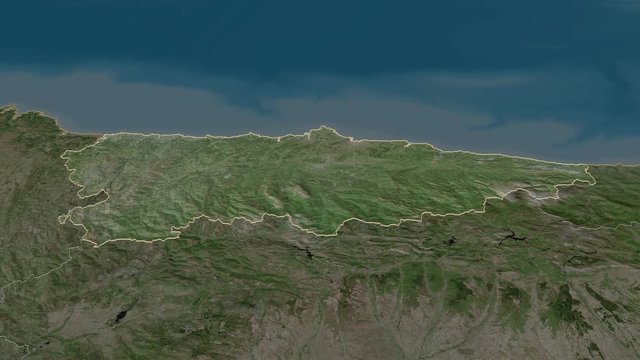 Principado de Asturias, autonomous community with its capital, zoomed and extruded on the satellite map of Spain in the conformal Stereographic projection. Animation 3D