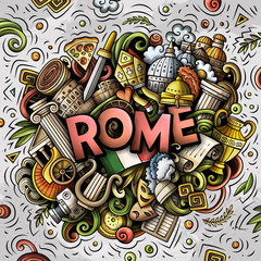 Rome hand drawn cartoon doodles illustration. Funny travel design.