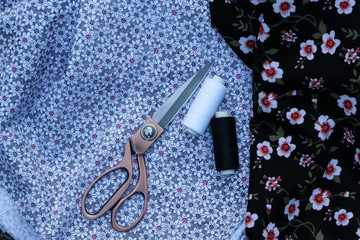 Sewing accessories, scissors, threads, fabric