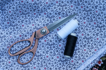 Sewing accessories, scissors, threads, fabric