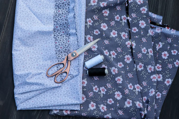Sewing accessories, scissors, threads, fabric