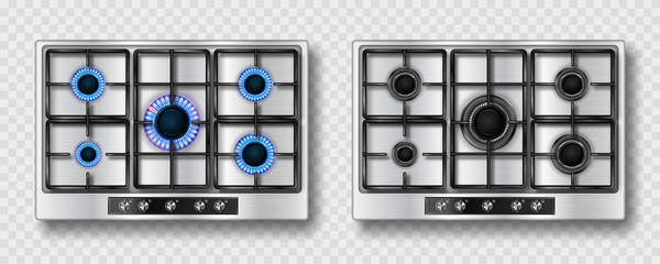 Gas stove with blue flame and black steel grate. Kitchen stainless cooktop with lit and off burners. Vector realistic set of burning propane butane on hob top view isolated on transparent background - obrazy, fototapety, plakaty