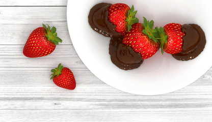 Still life with strawberries in chocolate on a white plate. 3 D illustration.