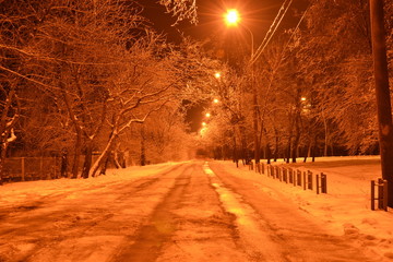 winter road in the light of orange lanterns