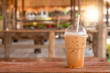 Iced Espresso Coffee Placed on a Wooden Board in a Vintage Old Coffee Shop