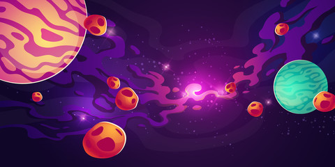 Planets in outer space with satellites, meteors, asteroids and nebula in dark starry sky. Galaxy, cosmos, universe futuristic fantasy view background for computer game. Cartoon vector illustration © klyaksun