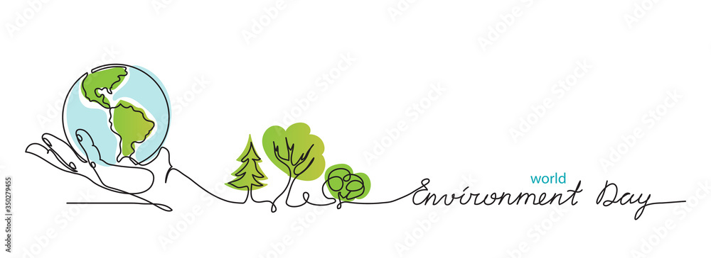 Wall mural World environment day simple vector web banner, poster with earth and trees. One continuous line drawing. Minimalist banner, illustration with lettering environment day.