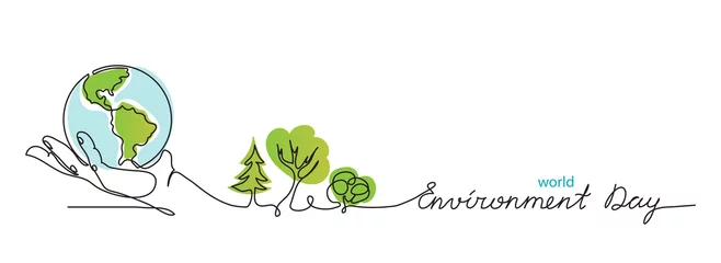 Poster World environment day simple vector web banner, poster with earth and trees. One continuous line drawing. Minimalist banner, illustration with lettering environment day. © alstanova@gmail.com