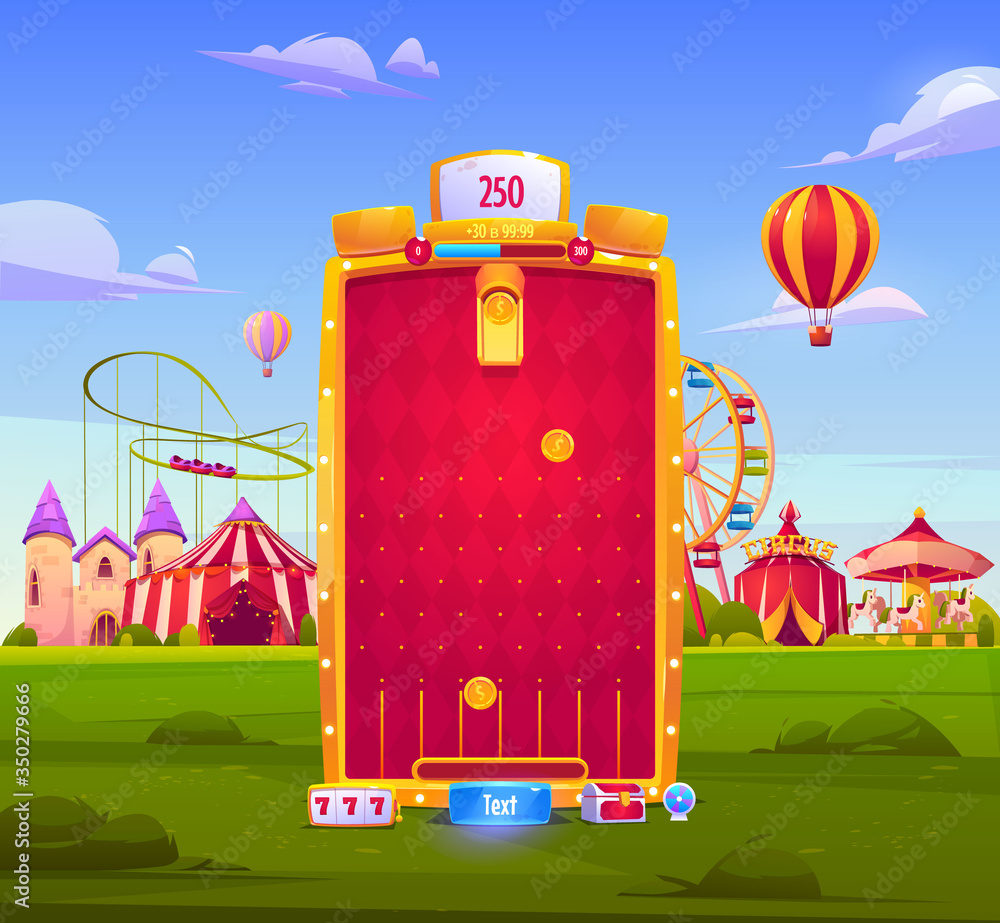 Poster mobile game app background, application vertical interface. ui or gui arcade with attraction park or