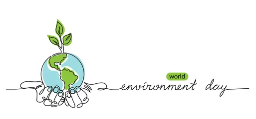 Poster World environment day minimalist vector background with earth in hands and plant. One continuous line drawing. Poster, banner, background with lettering environment day. © alstanova@gmail.com