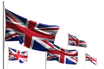 wonderful any feast flag 3d illustration. - five flags of United Kingdom (UK) are waving isolated on white - photo with selective focus