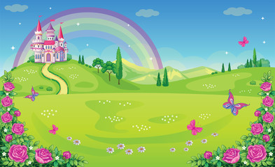 Fairytale background with flower meadow. Wonderland. Cartoon, children's illustration. Princess's castle and rainbow. Fabulous landscape. Beautiful Park with roses, butterflies. Romantic story. Vector