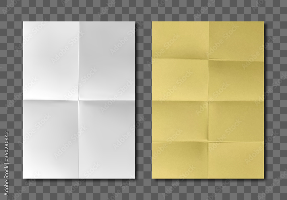 Poster folded blank paper sheets top view. vector realistic mockup of white and yellow paper with crossing 