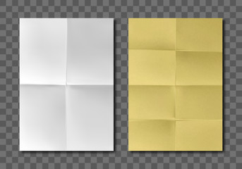 Folded blank paper sheets top view. Vector realistic mockup of white and yellow paper with crossing creases. Wrinkled leaflet, flyer, crumpled document pages isolated on gray background