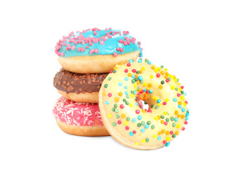 Sweet delicious glazed donuts on white background