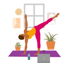 Female cartoon character practicing Hatha yoga. Woman doing workout indoor. Sport exercise at home. Yoga and fitness, healthy lifestyle. Flat vector illustration. Yogi woman in Utthita triconasana 