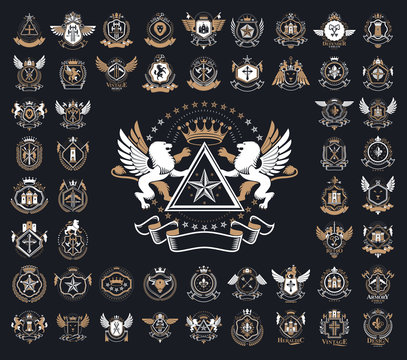 Heraldic Coat of Arms vector big set, vintage antique heraldic badges and awards collection, symbols in classic style design elements, family or business logos.